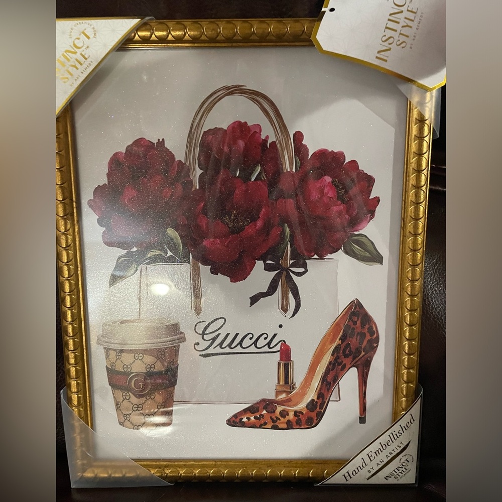 Gucci Red Floral Glass Frame with Leopard Stiletto & Gucci Coffee Cup, NWT